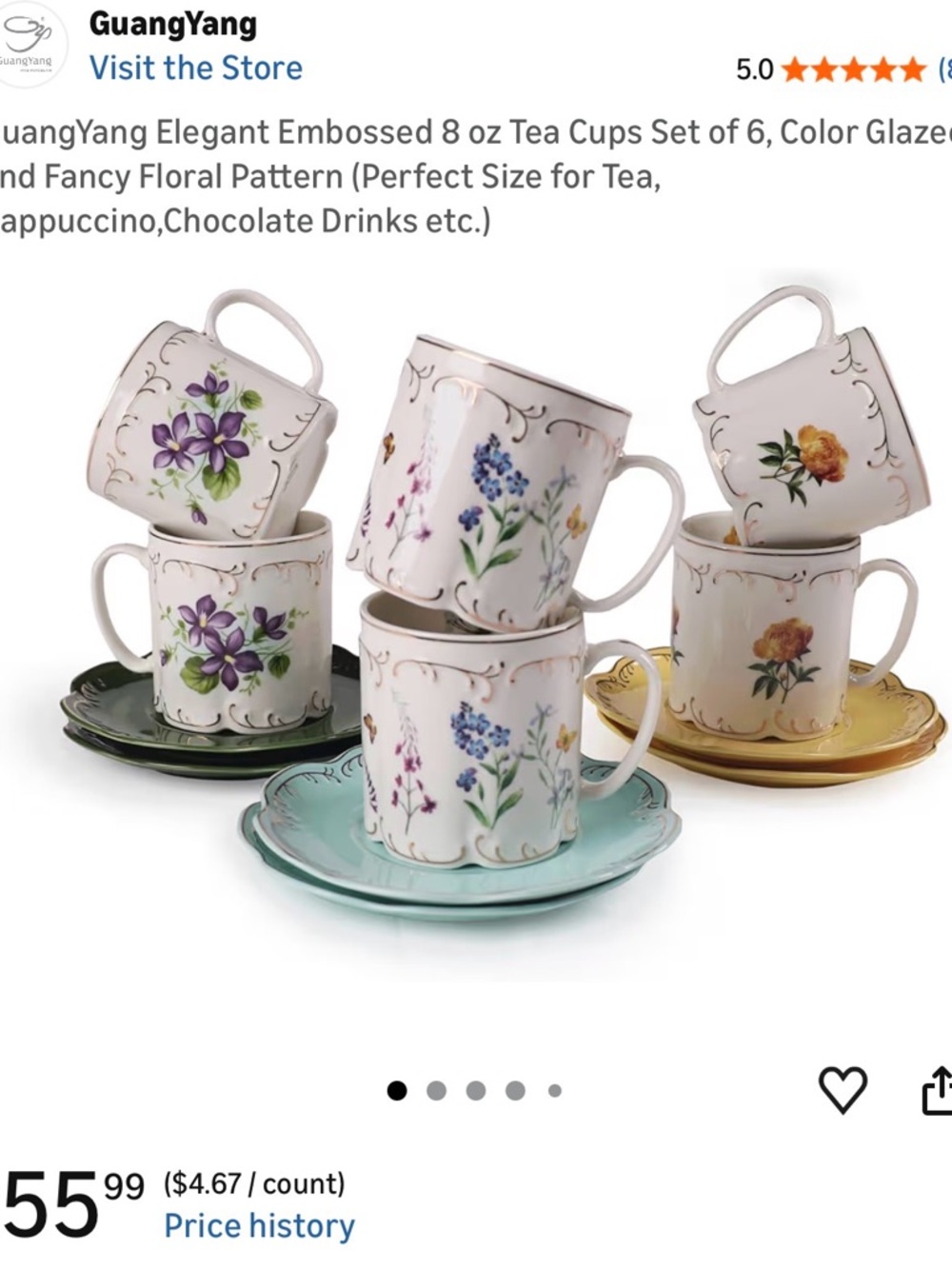 Floral Embossed Porcelain Tea Cups Set with Colored Saucers